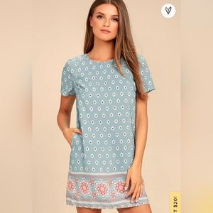 Lulu's Blue Printed Shift Dress with Pink Border